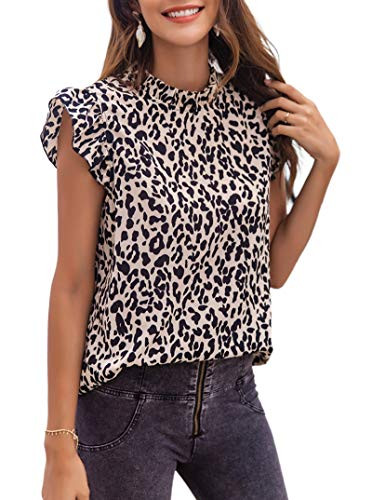 Remidoo Women's Casual Leopard Print Frilled Mock Neck Ruffle Sleeve Blouse Top Brown Medium