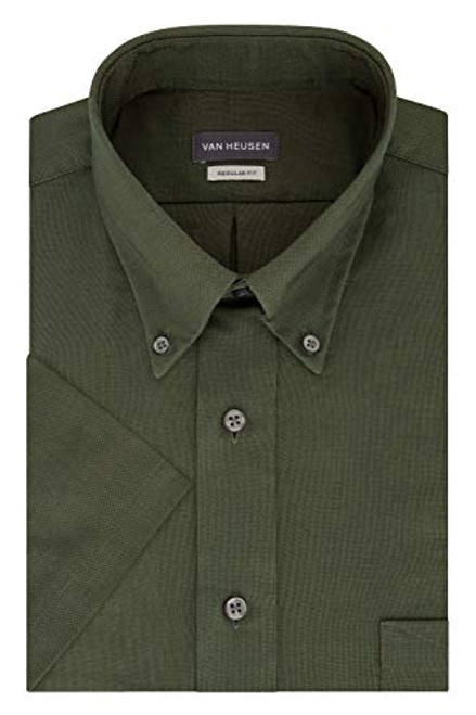 Van Heusen Men's Short Sleeve Dress Shirt Regular Fit Oxford Solid, Dark Green, Small