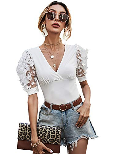 WDIRARA Women's Mesh Floral Appliques Puff Sleeve Deep V Neck Slim Fit Top Wrap White S