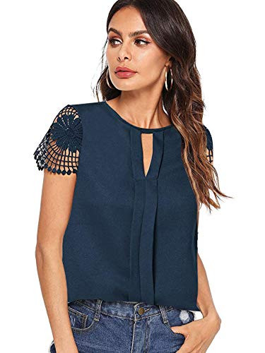 Floerns Women's Elegant Short Sleeve Keyhole Contrast Lace Blouse Tops Navy XS
