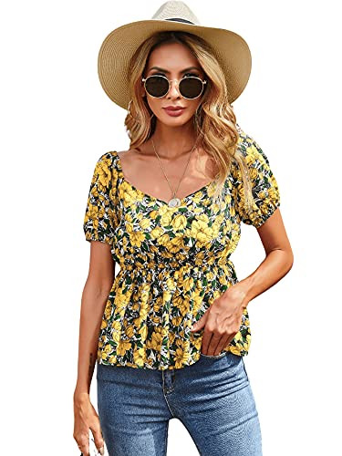 Milumia Women's Boho Floral Print Sweetheart Neck Puff Sleeve Ruffle Blouse Peplum Top Yellow Medium