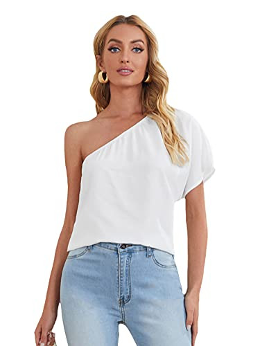 Milumia Women Casual One Shoulder Short Sleeve Blouse Asymmetrical Neck Curved Hem Top White Medium