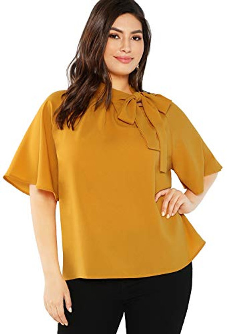 Milumia Women's Plus Size Elegant Tie Neck Ruffle Short Sleeve Blouse Tops Yellow XX-Large