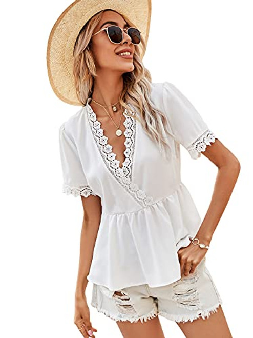 SheIn Women's Short Sleeve V Neck Ruffle Hem Wrap Peplum Blouse Shirt Tops White L