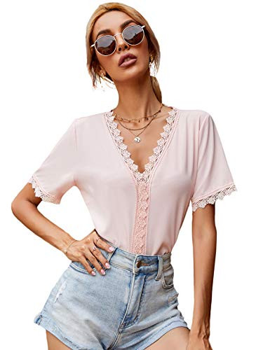 SheIn Women's Short Sleeve V Neck Guipure Lace Trim Solid Blouse Shirt Tops Baby Pink S