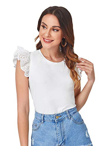 Romwe Women's Work Ruffle Short Sleeve Crew Neck Solid Casual Blouse Tops White S