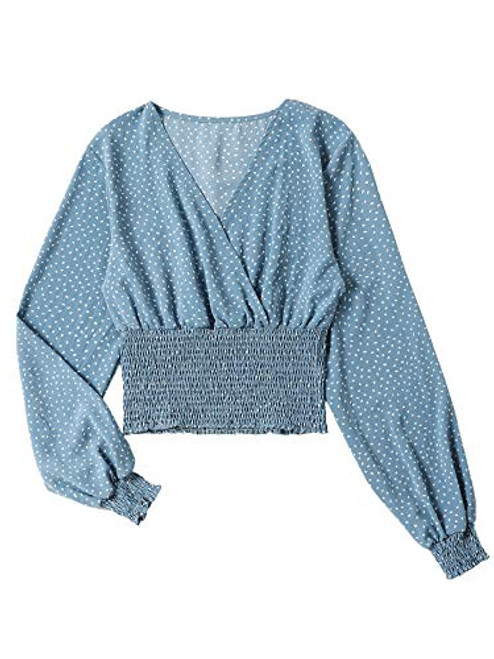 LYANER Women's V Neck Shirred Polka Dots Long Sleeve Frill Crop Blouse Shirt Tops Blue Small LYANER Women's V Neck Shirred Polka Dots Long Sleeve Frill Crop Blouse Shirt Tops Blue Small
