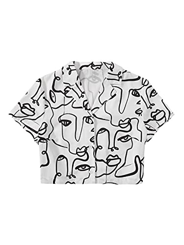 SOLY HUX Women's Figure Print Button Down Shirt Short Sleeve Crop Top Blouse White L