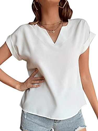 LYANER Women's Casual Notched V Neck Rolled Short Sleeve Blouse T-Shirt Top White Medium
