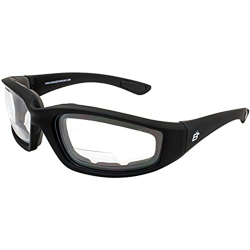 Birdz Eyewear Oriole Padded Safety Bifocal Motorcycle Glasses Black Frame Clear Lenses 1.75 Magnification Carry Bag