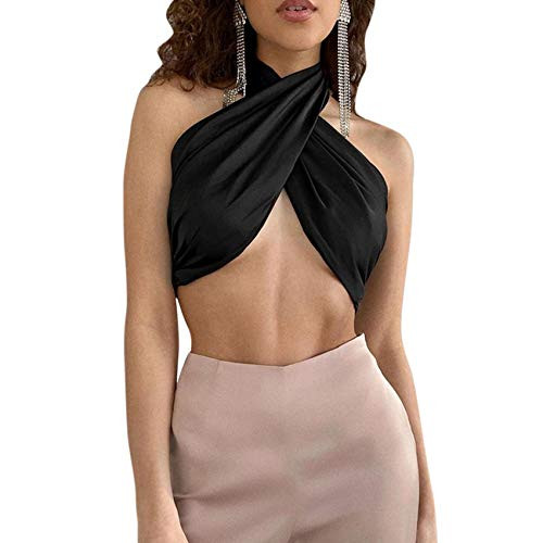 RARITYUS Women's Sexy Halter Criss Cross Crop Top Self Tie Tank Top Cut Out for Party Rave Cami Clubwear Black RARITYUS Women's Sexy Halter Criss Cross Crop Top Self Tie Tank Top Cut Out for Party Rave Cami Clubwear Black