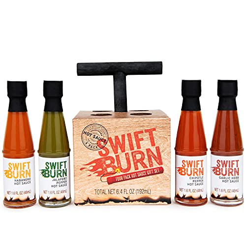 Thoughtfully Gifts, Swift Burn TNT Hot Sauce Gift Set, Flavors Include Chipotle, Garlic, Jalapeno and Habanero Hot Sauce, Pack of 4
