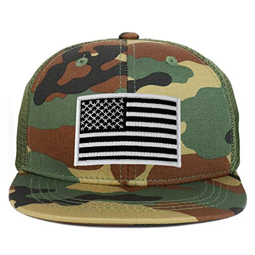 Armycrew Youth Kid's Black White American Flag Patch Flat Bill Snapback Trucker Cap - Woodland