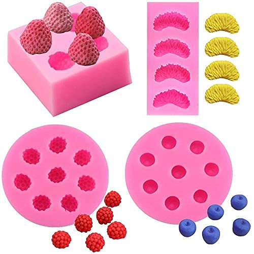 4Pcs Fruit Shaped Jelly Molds, 3D Mini Strawberry, Orange, Raspberry  and  Blueberry Silicone Chocolate Candy Fondant Molds Candle Soap Embed Molds Wax Melts Molds for Cake Cupcake Topper Decoration