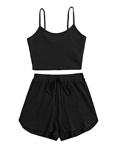 Romwe Women's 2 Piece Pajama Set Crop Cami Tops and Shorts Lounge Set Outfit Black S
