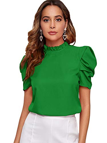 Romwe Women's Casual Puff Short Sleeve Frill Trim Mock Neck Solid Blouse Tops Green L
