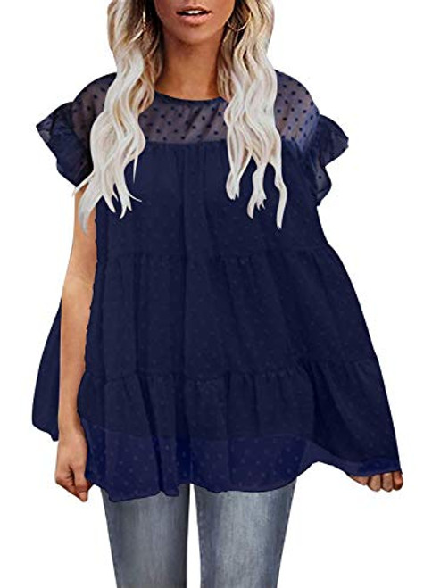 AlvaQ Women's Summer Ruffle Cap Sleeve Shirts Pom Pom Swiss Dot Chiffon Blouse Casual Loose Babydoll Tunic Tops Blue Large