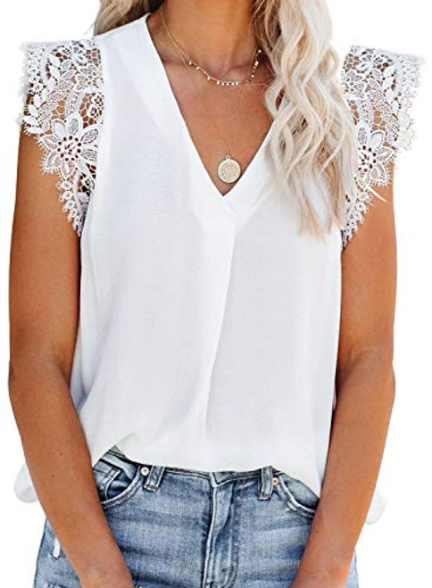 BLENCOT Womens Summer Chiffon V Neck Lace Tank Tops Casual Loose Sleeveless Blouse Cami Shirts White XL BLENCOT Womens Summer Chiffon V Neck Lace Tank Tops Casual Loose Sleeveless Blouse Cami Shirts White XL