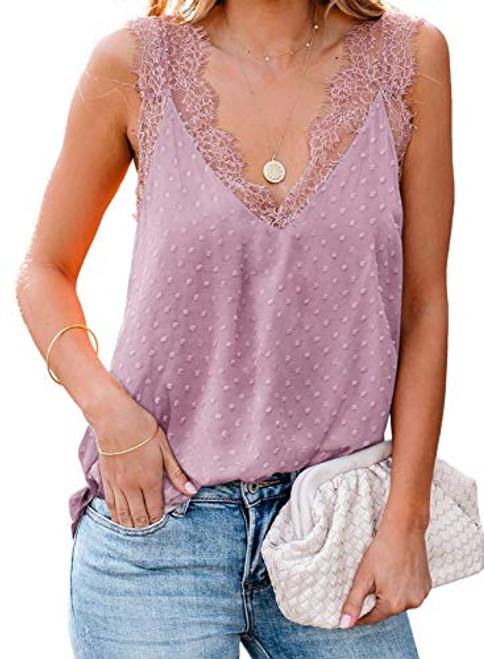 BLENCOT Womens Summer Chiffon Jacquard V Neck Lace Tank Tops Casual Loose Sleeveless Blouse Cami Shirts Pink XL BLENCOT Womens Summer Chiffon Jacquard V Neck Lace Tank Tops Casual Loose Sleeveless Blouse Cami Shirts Pink XL