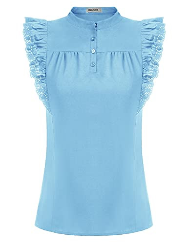 GRACE KARIN Women V Neck Button Down Chiffon Tank Top Sleeveless Ruffle Babydoll Blouse Light Blue 2XL