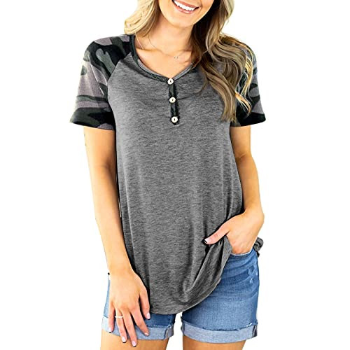 Women's Short Sleeve V-Neck Button Loose Casual Tunic Tops Blouse Henley T Shirts Grey