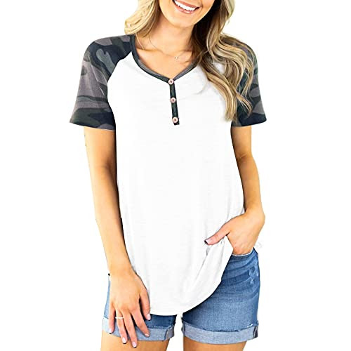 Womens Casual Short Sleeve Henley Raglan T Shirts Patchwork Tunic V Neck Button Blouse Tops White-camouflage