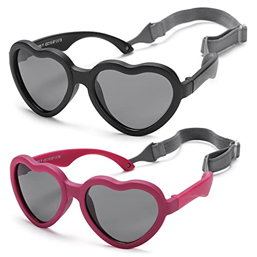 Flexible Heart Shaped Baby Polarized Sunglasses with Strap Adjustable Toddler  and  Infant Age 0-24 Months -Black/Gray  plus Red/Gray- - 2 Pack