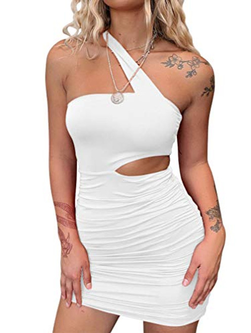 ZileZile Women's Sexy Bodycon Sleeveless One Shoulder Cut Out Ruched Club Mini Dress White