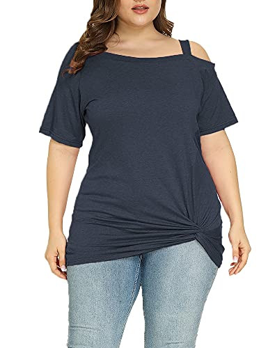 Zaoqee Womens Plus Size Cold Shoulder Tops Short Sleeve Summer Casual Tunics Tops Twist Knot Blouse T-Shirts Dark Blue Heather 1X