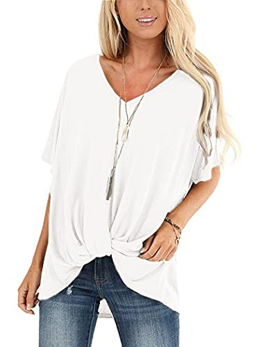 Zeagoo Women's Casual Solid T Shirts Twist Knot Tunics Tops Blouses, White, Medium