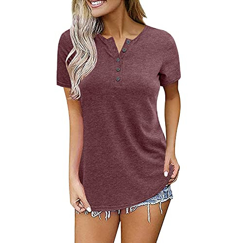 Davenil Women's Short Sleeve T-Shirts V Neck Tunic Tops Button Henley Shirts Loose Casual Summer Blouses Dark Red Size L