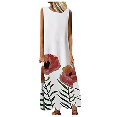 YUIJN Womens Summer Dress Fashion Loose Casual Long Dress Sleeveless O-Neck Printed Retro Long Dress for Women White YUIJN Womens Summer Dress Fashion Loose Casual Long Dress Sleeveless O-Neck Printed Retro Long Dress for Women White