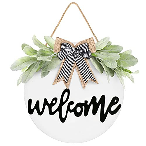 Heflashor Welcome Sign for Front Door,Handcrafted Welcome Door Sign, 11.8 Inch Welcome Sign Wreath for Front Porch Hanging Sign Decor Farmhouse Porch Spring Welcome Sign for Wall Outside-White-