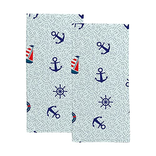 Pattern Sailboat Anchor Wheel Hand Towels Set for Bathroom Kitchen Towels Microfiber Bath Towel Absorbent Dish Fingertip Towel for Guest Gym Spa and Bar 30 x 15 inch