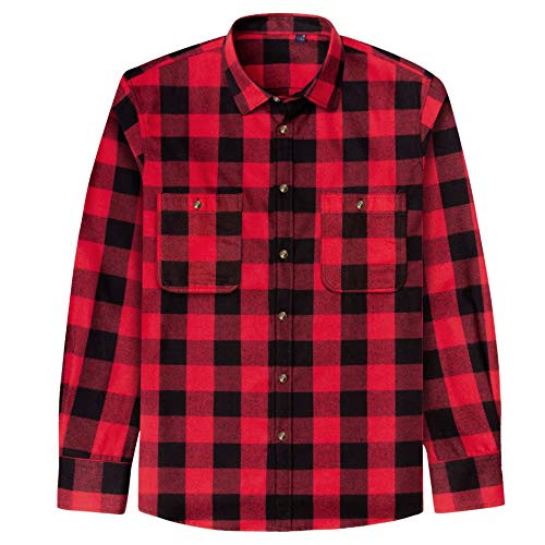 J.VER Men's Flannel Plaid Shirts Long Sleeve Regular Fit Button Down Casual Black Red 3X-Large