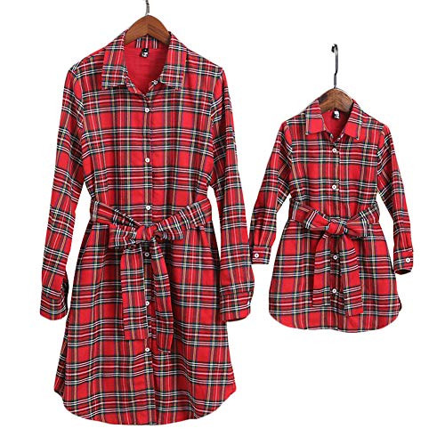 PopReal Mommy and Me Outfits Plaid Christmas Self-Tie Long Sleeve T-Shirt Dress Family Matching Clothes