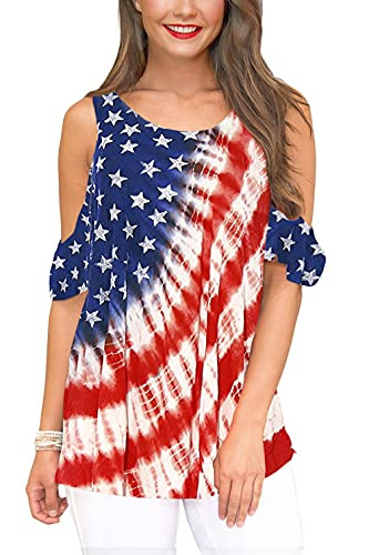 July 4th Cold Shoulder Patriotic Shirt Womens Short Sleeve Casual Striped Star Tunic Tops American Flag XL