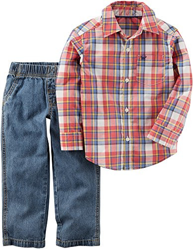 Carter's Baby Boys' 2 Piece Plaid Button Front Denim Pants Set, Blue/Red , 3 Months