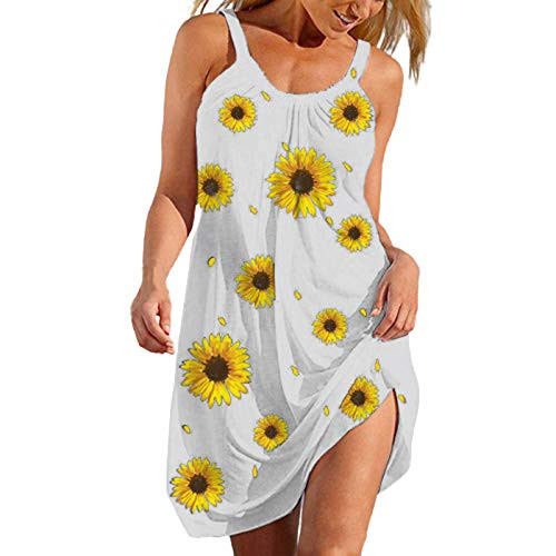 ESKMOOM Summer Dresses for Women,Women's Fashion Sexy Sleeveless Striped Print Hem Print Loose Beach Dress D White