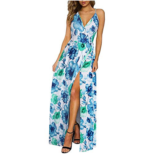Sun Dresses Women Summer, Deep V Neck Halter Vintage Floral Printed Sexy Sleeveless Party Midi Dress Blue Sun Dresses Women Summer, Deep V Neck Halter Vintage Floral Printed Sexy Sleeveless Party Midi Dress Blue