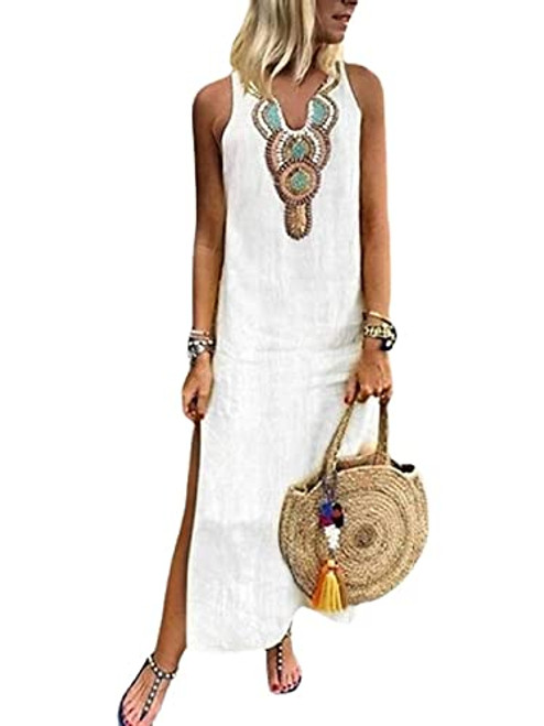 HOLATOK Women's Casual Boho V Neck Tribal Print Side Split Sleeveless Tank Dresses Summer Beach Maxi Long Dress -S, A-White- HOLATOK Women's Casual Boho V Neck Tribal Print Side Split Sleeveless Tank Dresses Summer Beach Maxi Long Dress -S, A-White-