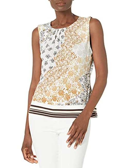 Calvin Klein Women's Printed Sleeveless Crew Neck cami, Luggage Multi, Large