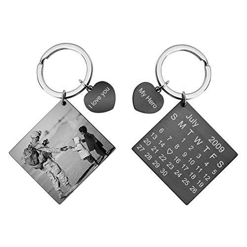 BOPREINA Personalized Custom Engraved Special Date Calendar/Photo/Text Dog Tag Heart Pendant Keychain for Couples Lovers Anniversary Birthday Wedding Gift