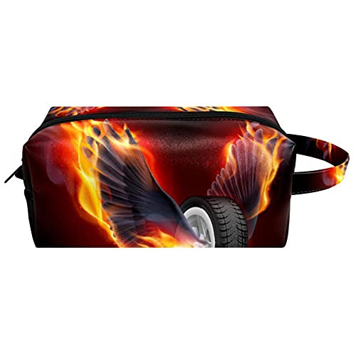 LEVEIS Wheel With Fire Wings Microfiber Leather Makeup Bag Pouch Waterproof Travel Cosmetic Bag Portable Handy Toiletry Bag for Women Girls Gifts