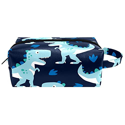 LEVEIS Dinosaur Navy Blue Microfiber Leather Makeup Bag Pouch Waterproof Travel Cosmetic Bag Portable Handy Toiletry Bag for Women Girls Gifts