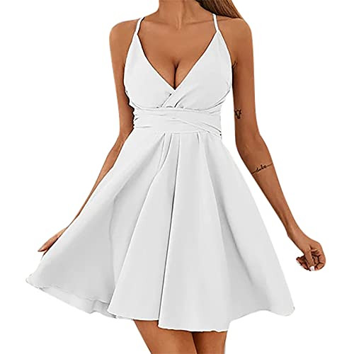 fashsgirl Women's Summer Dress V-Neck Sweetheart Sleeveless Casual Cocktail Party Midi Dresses Solid Ruffle Swing Short Dress White fashsgirl Women's Summer Dress V-Neck Sweetheart Sleeveless Casual Cocktail Party Midi Dresses Solid Ruffle Swing Short Dress White
