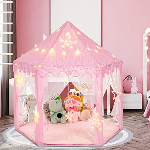 JOYMOR Princess Tent for Girls with Star Light, 55" x 53" Kids Playhouse Play Tent, Princess Play Tents Castle for Indoor and Outdoor -Pink- JOYMOR Princess Tent for Girls with Star Light, 55" x 53" Kids Playhouse Play Tent, Princess Play Tents Castle for Indoor and Outdoor -Pink-
