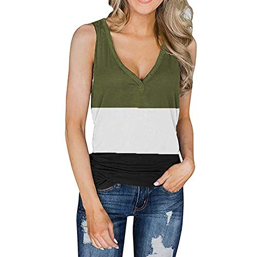 Womens Cotton Tank Tops Color Block Buttons V Neck Vest T-Shirts Sleeveless Tee Tunic Top Blouse Summer Army Green
