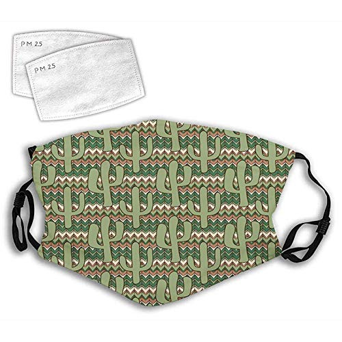 Personality mask Windproof Breathable Mouth Cover,Cartoon Style Saguaro Cactus Figures on Ethnic Zigzag Stripes Background,Adjustable Face Masks Sport Reusable Miracle mask