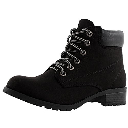 SODA Women's Equity Faux Suede Chic Work Boots Lace up Ankle Booties,Color-Black,Size-5.5